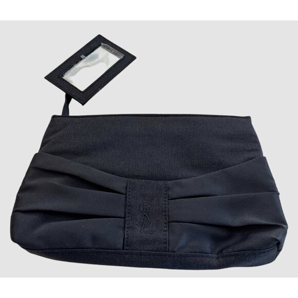 Yves Saint Laurent Canvas Pleated Satin Logo Clutch Bag w/Mirror Black - Picture 1 of 7